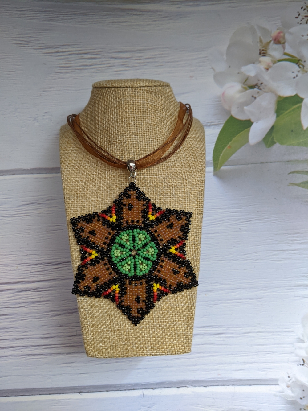 Artisan Beaded Star Pendant Necklace in Brown & Green